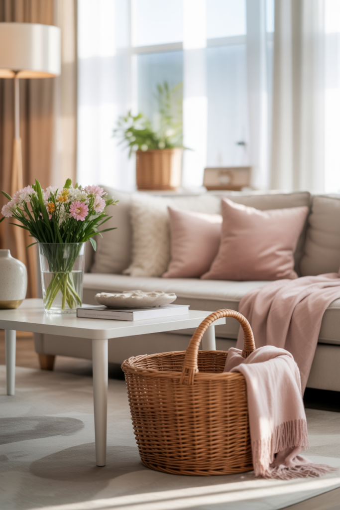 spring living room decor under $50 with pastel pillows, fresh flowers, and bright natural light